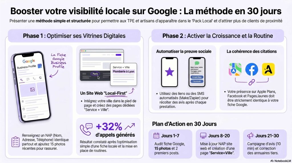 Guide visuel pour booster sa visibilité locale sur Google en 30 jours grâce à une fiche Google Business Profile optimisée, un site web local et une stratégie d’avis clients.