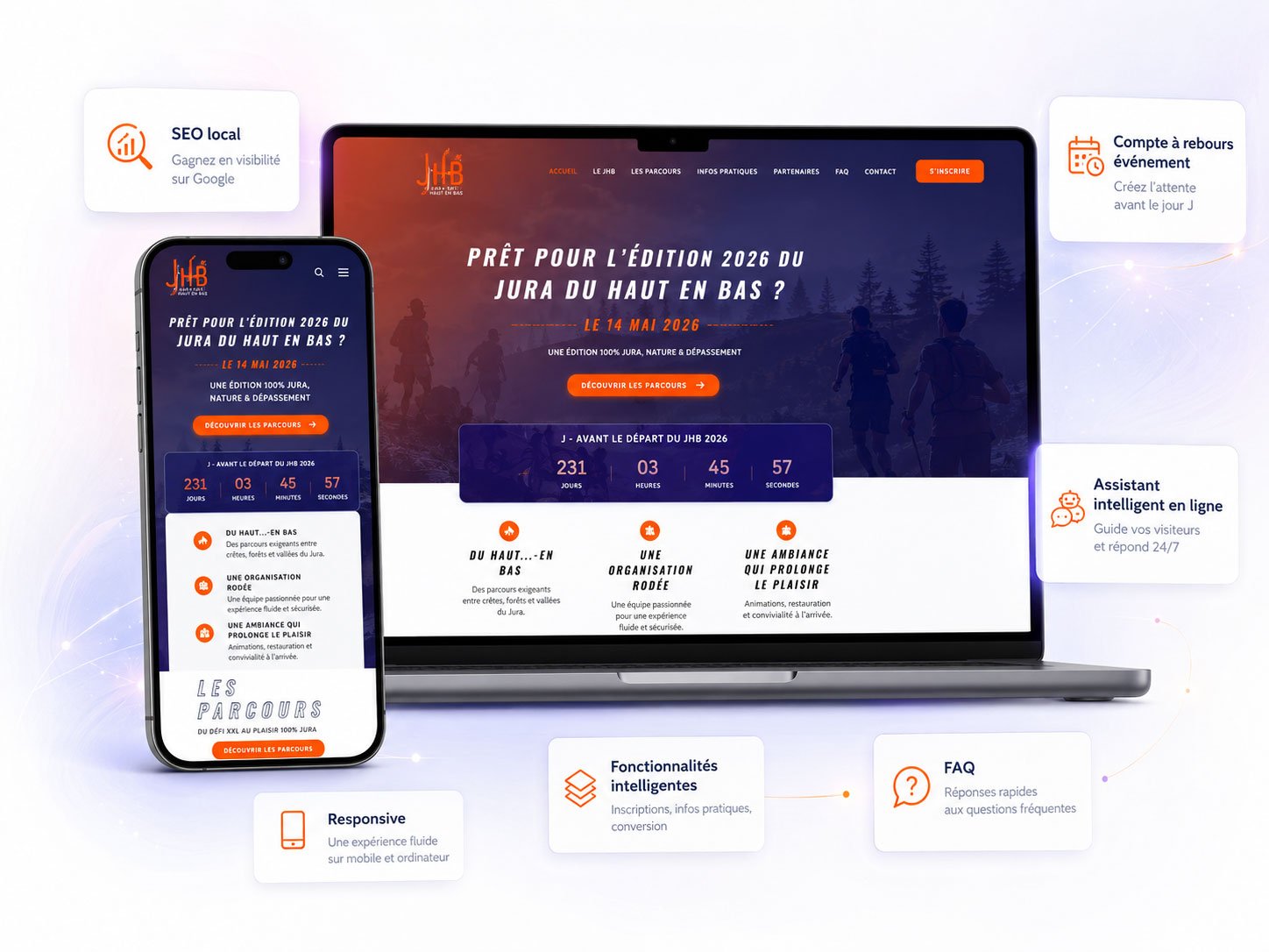 Création d’un site internet événementiel intelligent dans le Jura avec SEO local, compte à rebours, FAQ, assistant en ligne et design responsive