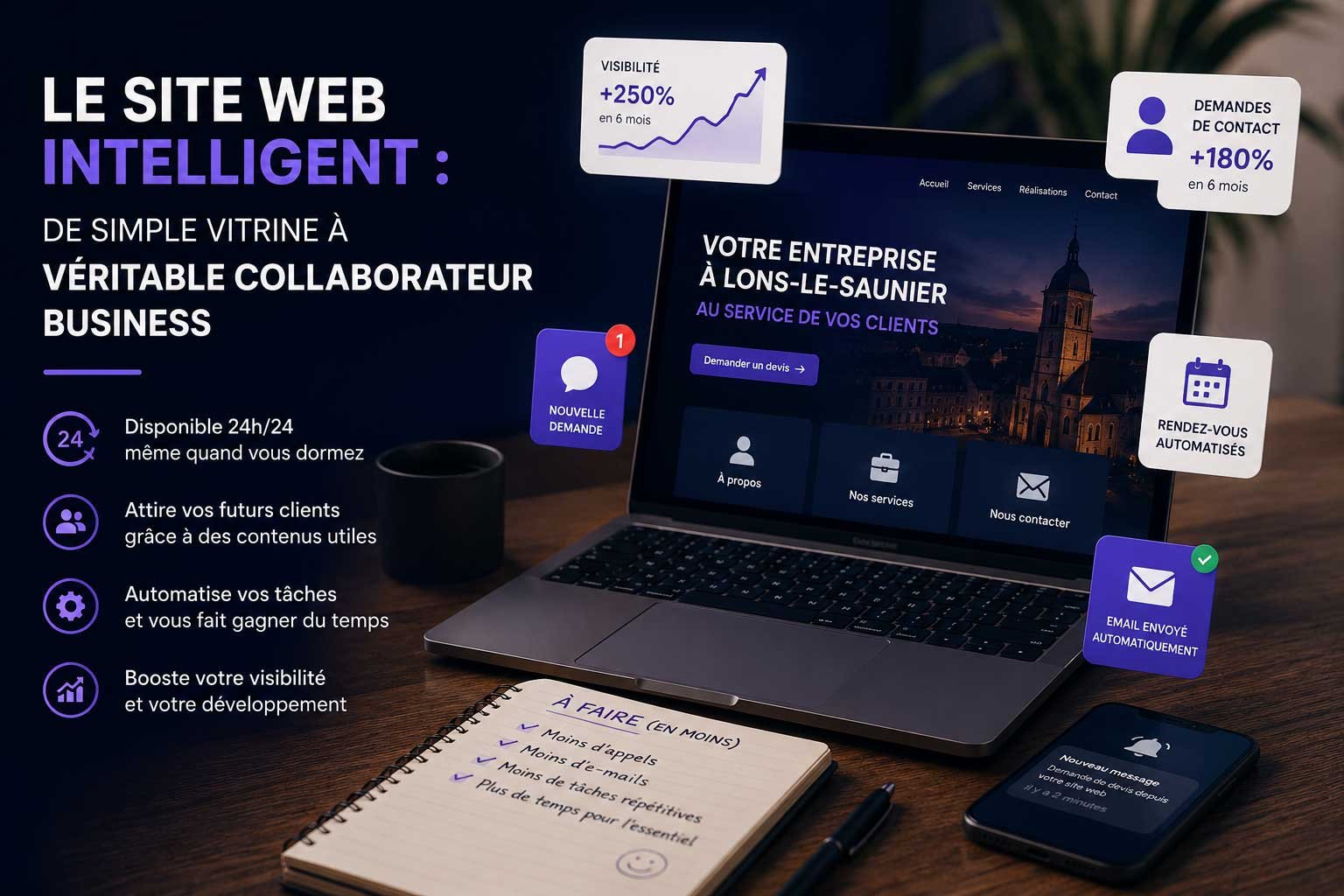 Le site web intelligent : de simple vitrine à véritable collaborateur business Illustration d'un site web intelligent automatisant la communication, la prise de contact et la génération de prospects pour les entreprises du Jura et de Lons-le-Saunier.