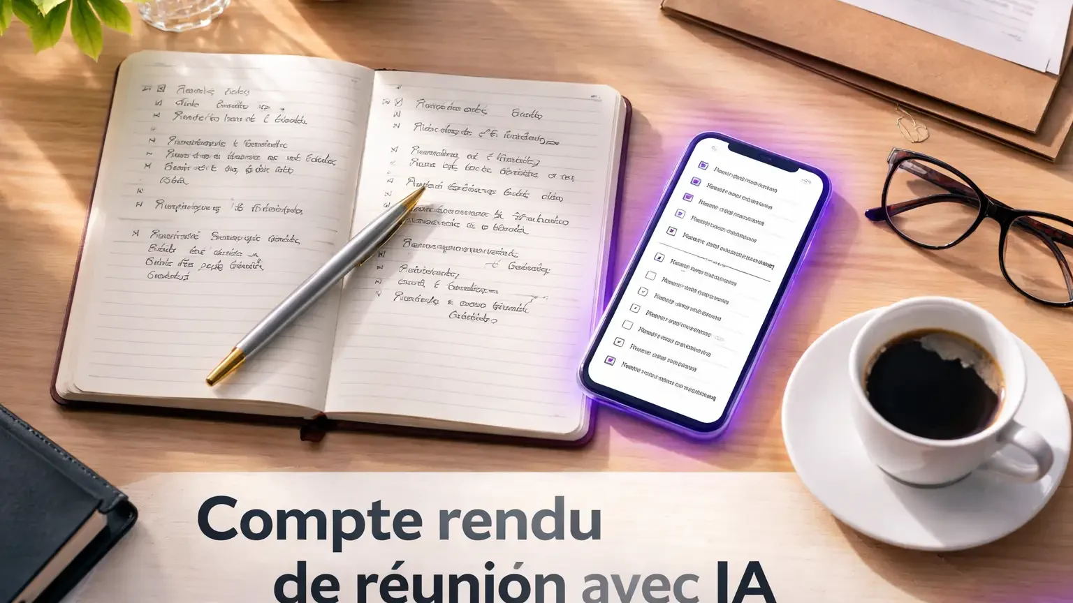 Gros plan sur un carnet de réunion, un téléphone affichant une synthèse et une liste d’actions sur une table de travail