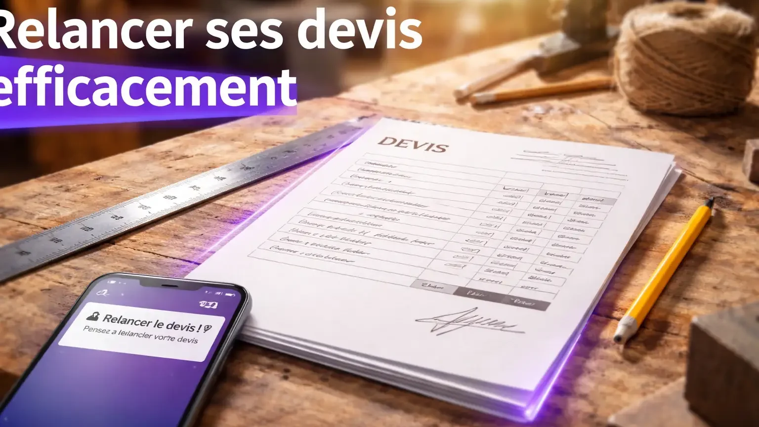 Gros plan sur un devis papier annoté posé sur un établi d'artisan, avec un smartphone affichant un rappel de relance