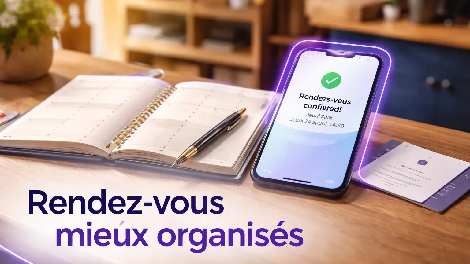 Gros plan sur un agenda papier ouvert, un smartphone affichant une confirmation de rendez-vous et un stylo sur un comptoir d’artisan dans le Jura
