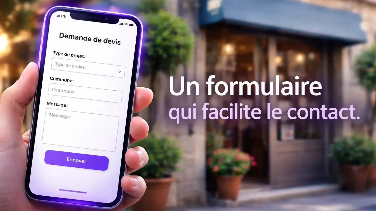 Un formulaire qui facilite le contact Gros plan sur un formulaire de demande de devis rempli sur smartphone devant la vitrine d’un artisan jurassien
