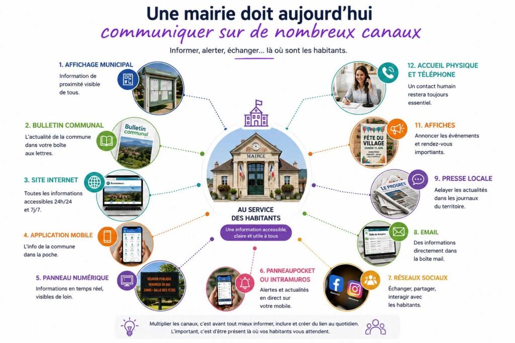 Infographie des différents canaux de communication utilisés par une mairie pour informer ses habitants