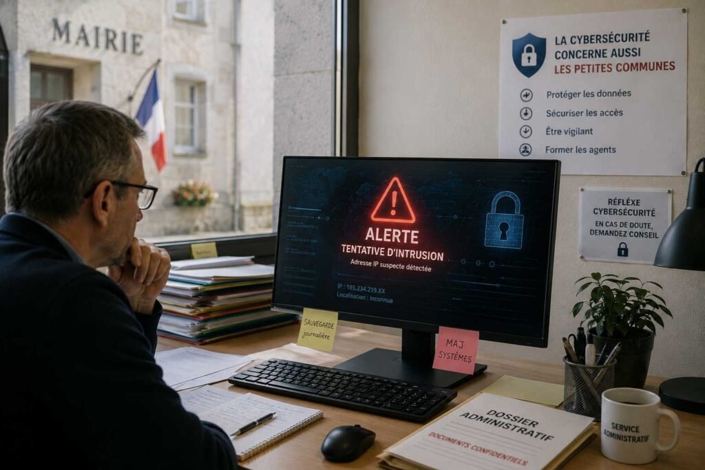 Agent municipal face à une alerte de cybersécurité sur un ordinateur dans une petite mairie du Jura