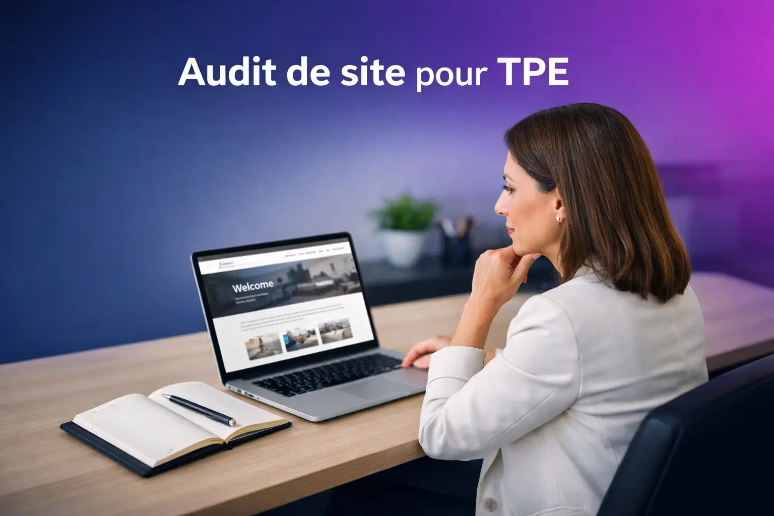 Dirigeante de TPE dans le Jura analysant son site internet sur un ordinateur portable