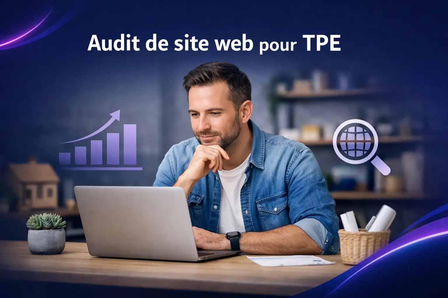 Audit de site web pour TPE Dirigeante de TPE analysant son site web sur ordinateur dans le Jura