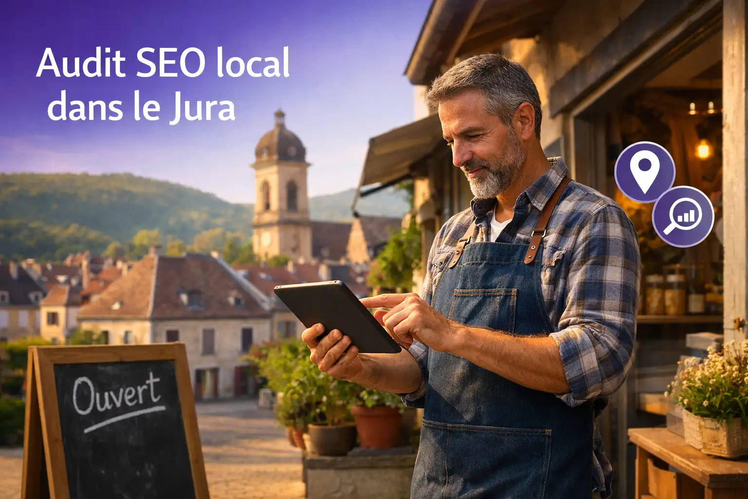 Audit SEO local dans le Jura Artisan consultant la visibilité locale de son entreprise sur un ordinateur dans le Jura