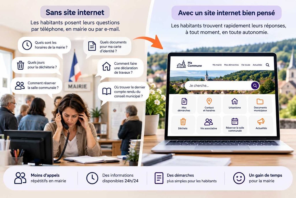 Un site communal bien pensé permet aux habitants de trouver seuls les informations courantes, à tout moment, tout en limitant les demandes répétitives adressées à la mairie.