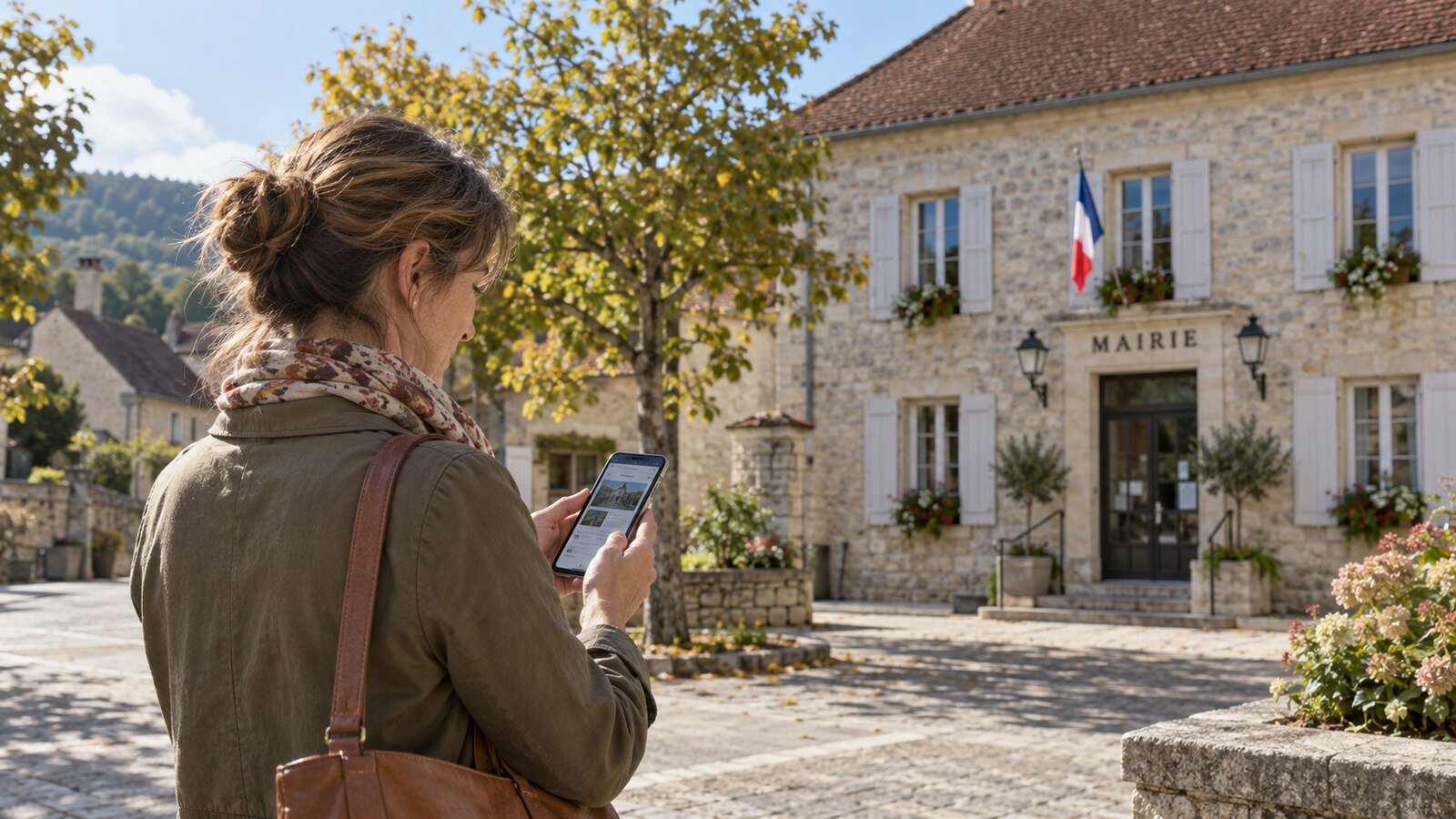 Une habitante consulte le site de sa commune sur son smartphone devant une mairie.